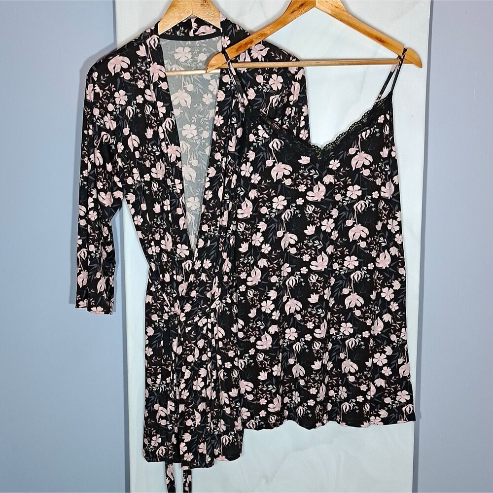 Thalia Sodi Nightgown Robe Set S Black Pink Gray Floral Lace Coquette Romantic